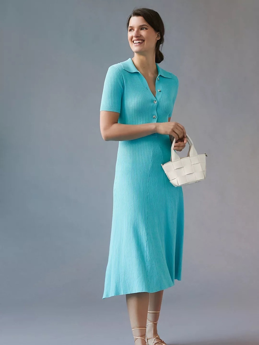 Current Air Ribbed Polo Knit Midi Dress Sky Large Preppy Anthro